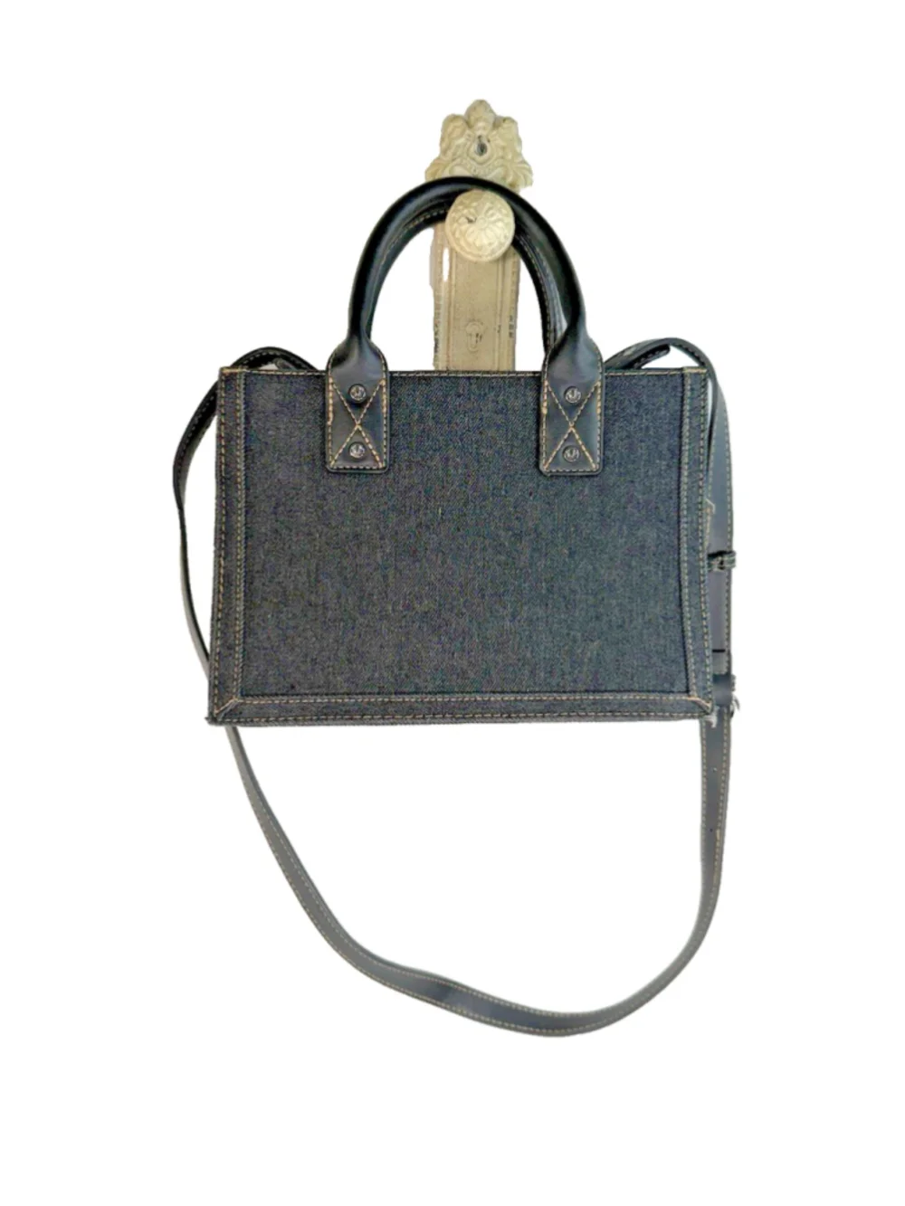 True Religion Black Denim Embroidered Crossbody Bag Horseshoe Satchel Handbag